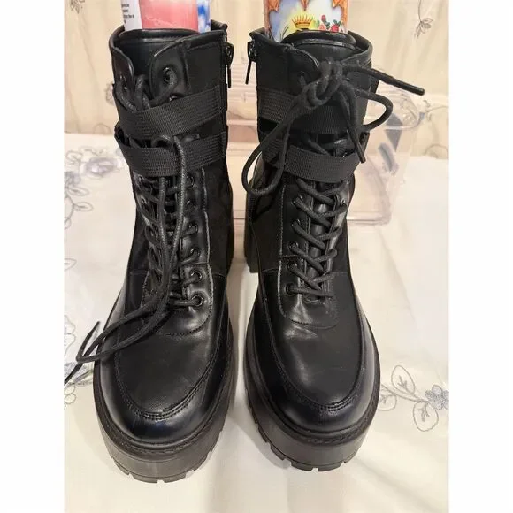 French connection  Women's Black Chunky Platform Boots Size 9 Lace & Buckle - Picture 3 of 12